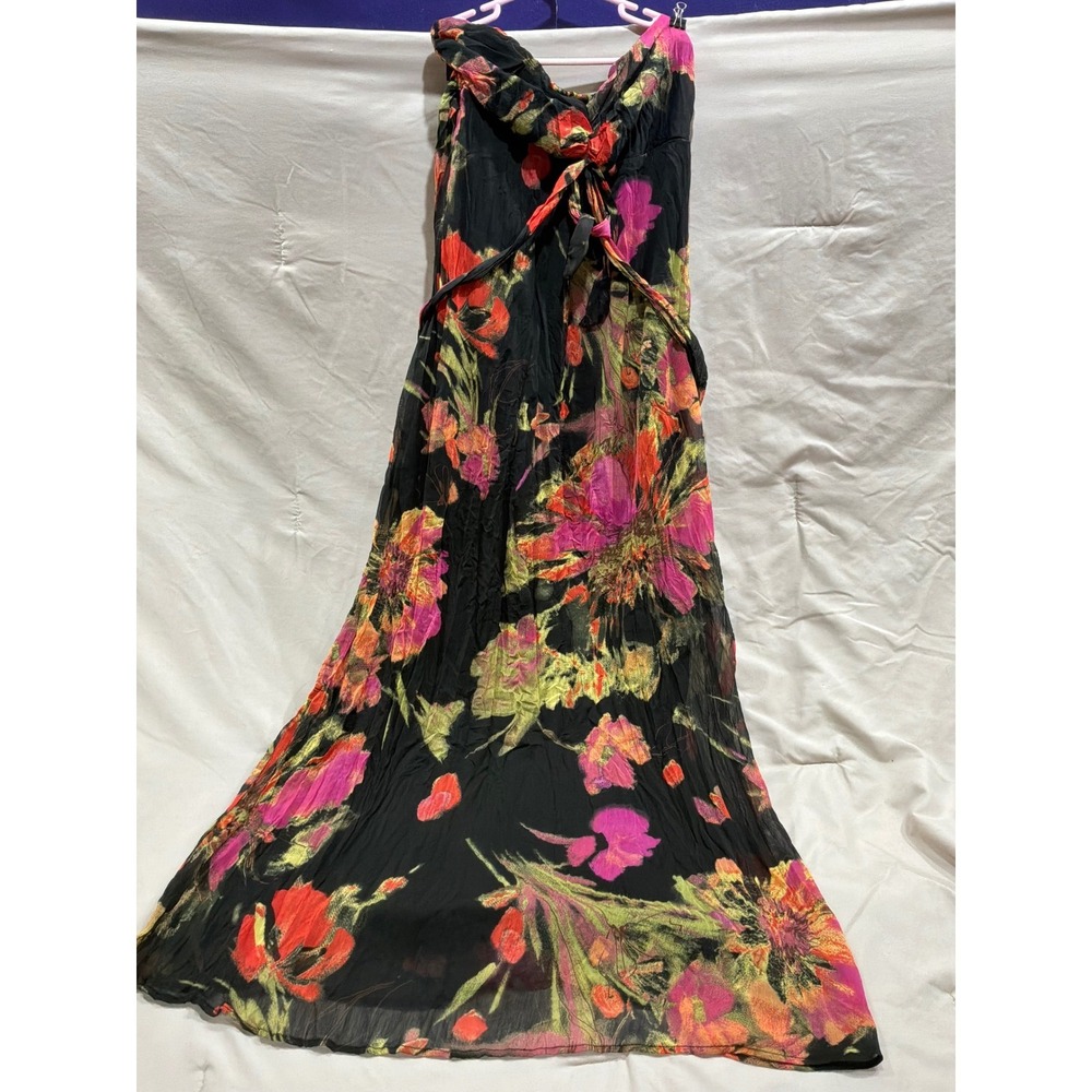 Xhilaration Floral Maxi Dress Black Pink Orange Tropical Smocked Back Size M